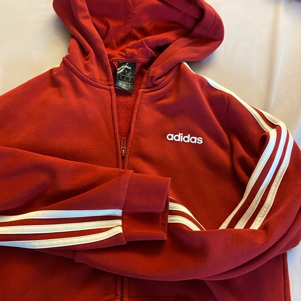 Adidas Striped Zip-Up Long Sleeve Sweater Red